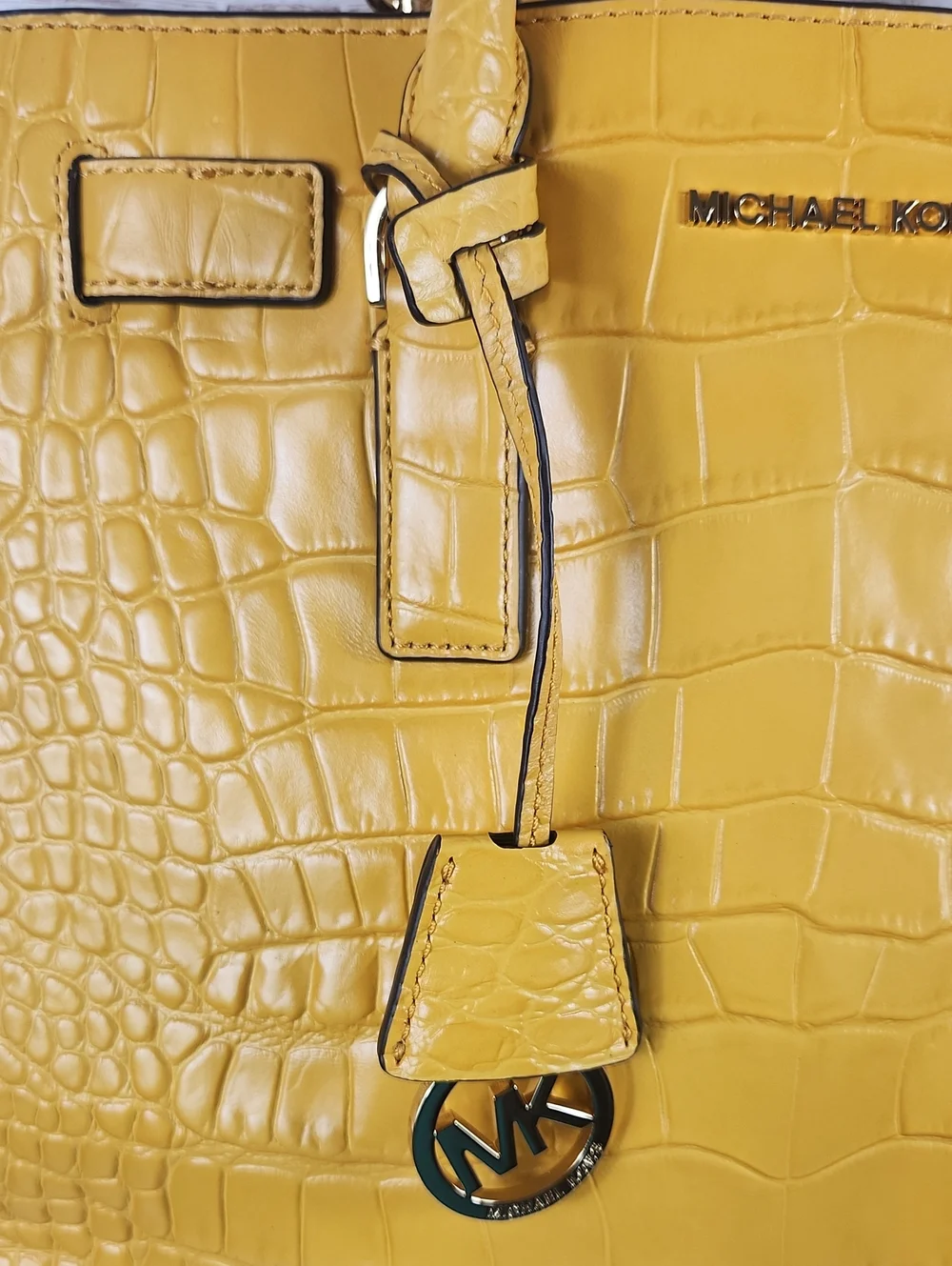 Michael Kors Yellow Croc-Embossed Satchel with MK Charm and Several Compartments - Picture 3 of 10